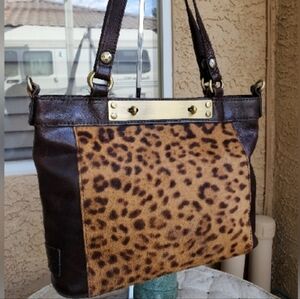 Patricia Nash Leopard Haircalf & Dark Brown Leather Tote with Gold Plate